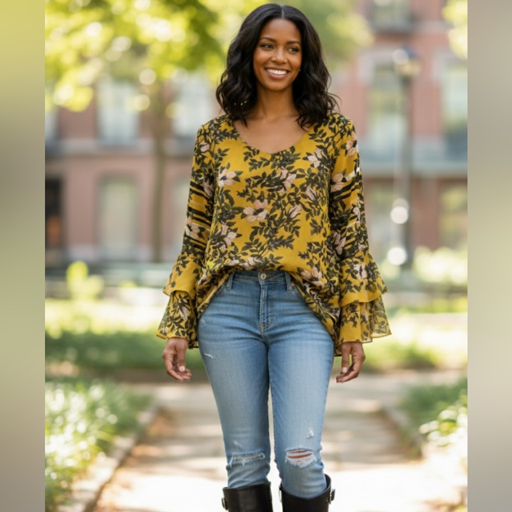 CAbi Yellow Floral Blouse with Ruffled Sleeves Size Medium NWOT